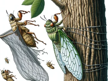 Illustration of a cicada emerging from its exoskeleton on a tree trunk, with a protective netting around the tree, showcasing the life cycle and protection method.