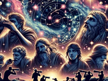 Cypriot Astrology: Exploring the Celestial Influences Illustration of ancient Cypriot stargazers observing the night sky, with vibrant constellations and zodiac signs shining brightly against a dark, mystical background.