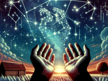 Danish Astrology: Insights from the Celestial Realm Illustration of a star-studded night sky over Denmark, with zodiac constellations shining brightly. A pair of hands reach upwards, cradling a glowing celestial chart.