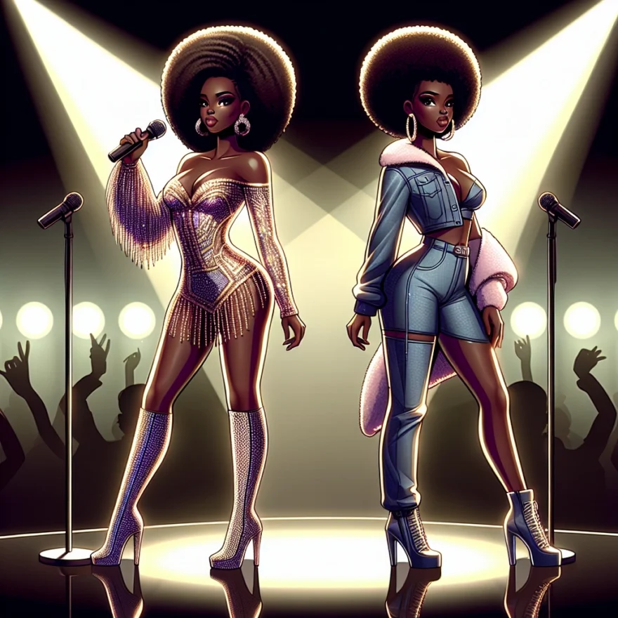Debunking the Myth: Beyoncé’s Secret Twin Sister Illustration of two identical women, one dressed in Beyoncé's iconic stage outfit and the other in casual attire, standing back-to-back with a spotlight highlighting their similarities and differences.