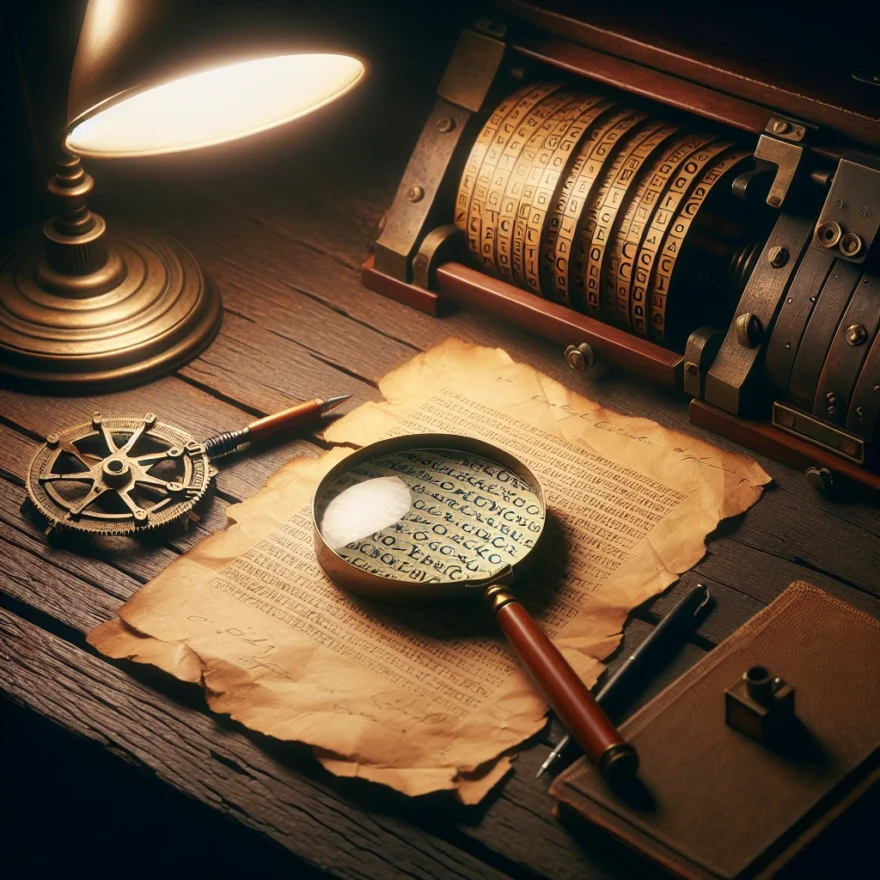 Illustration of a vintage, wooden desk under a dimly lit lamp, with a cryptic code sprawled across parchment, an antique cipher wheel, and a magnifying glass highlighting a specific section.