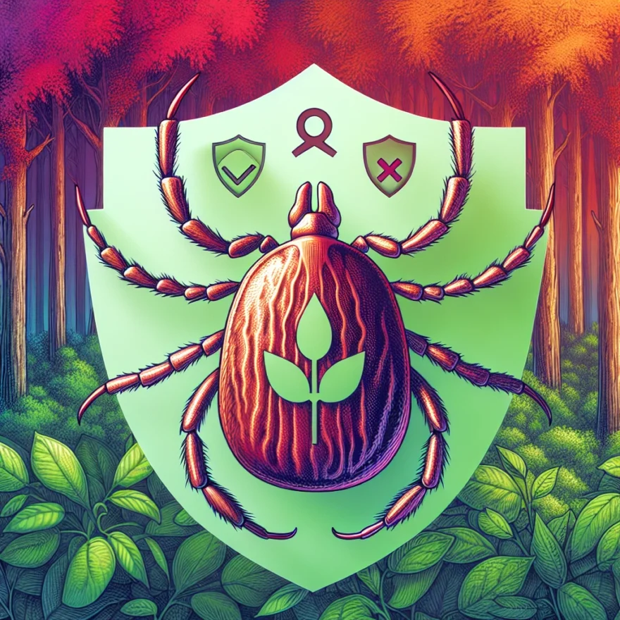 Illustration of a deer tick magnified against a lush forest backdrop, with a protective shield symbol overlay, indicating prevention measures against Lyme Disease.