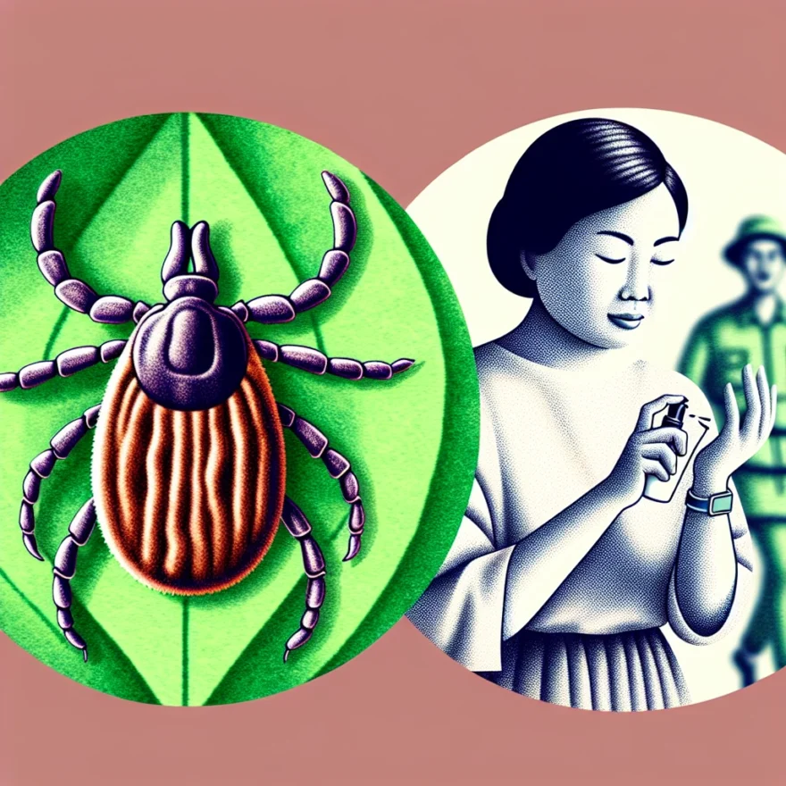Illustration of a large deer tick perched on a leaf, with a person in the background applying bug repellent, symbolizing prevention of Lyme disease.