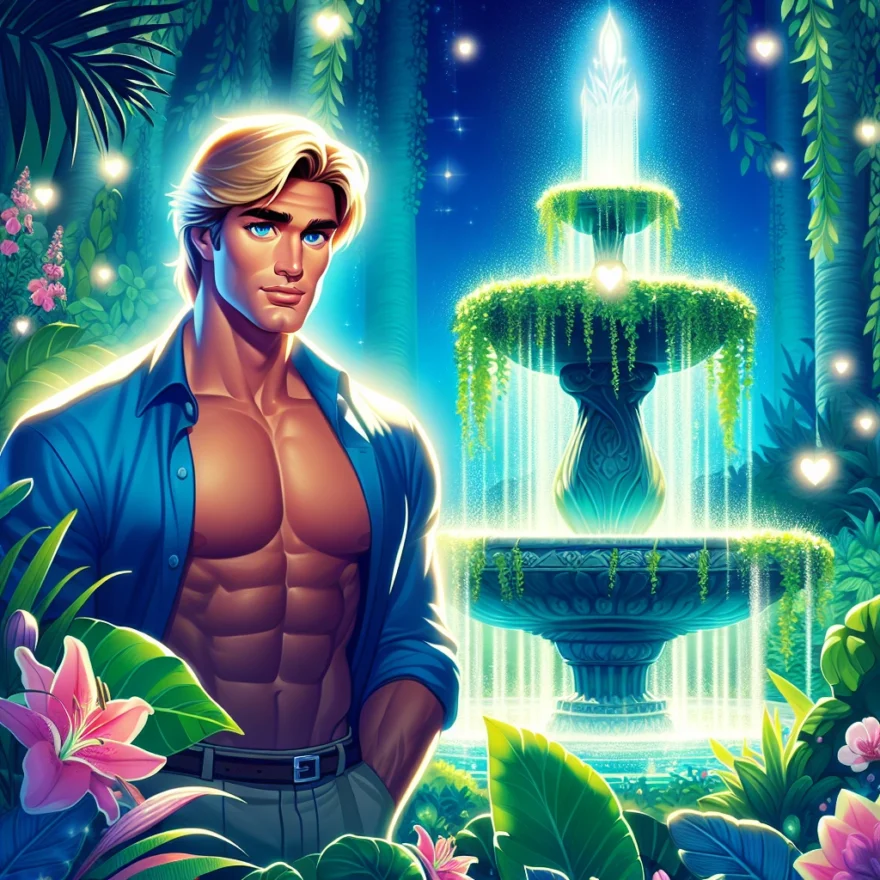 Illustration of Chris Hemsworth standing next to a glowing, mystical fountain surrounded by lush greenery and exotic flowers, with an ethereal light casting a youthful glow on his face.