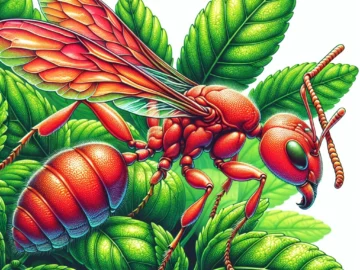 Illustration of a vivid red fire ant with wings spread wide, set against a background of green leaves, showcasing its unique physical characteristics in detail.