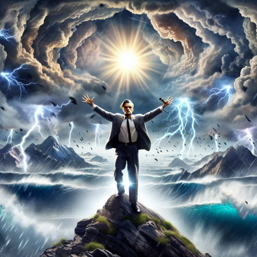 Illustration of Leonardo DiCaprio standing on a mountaintop, arms raised. Storm clouds swirl above, lightning bolts striking, ocean waves crashing below. Sun rays break through clouds, creating a dramatic, surreal atmosphere.