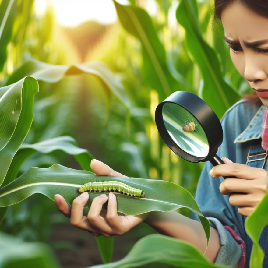 Illustration of a farmer inspecting a vibrant green cornfield under a bright sun, with a magnifying glass revealing a tiny, menacing earworm on a leaf, signifying crop damage.