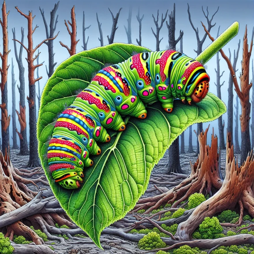 Eastern Tent Caterpillar: How to Protect Your Trees from This Pest Illustration of a vibrant Eastern Tent Caterpillar on a leaf, with a background showcasing damaged trees, emphasizing the need for protection against these pests.