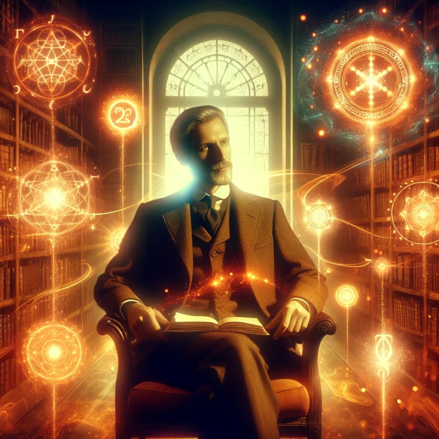 Illustration of Eddie Redmayne in a cozy, dimly lit library, surrounded by ancient, glowing manuscripts. Magical symbols float in the air, casting a soft, mystical light around him.