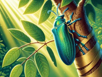 Illustration of a vibrant Emerald Ash Borer beetle on a lush ash tree, with a protective barrier around the trunk, symbolizing preventive measures against the pest.