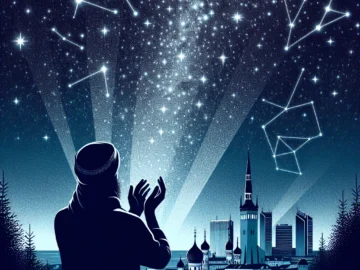 Illustration of a star-lit Estonian skyline with prominent constellations. A silhouette of a person gazing skyward, hands outstretched, symbolizing human connection with celestial destiny.