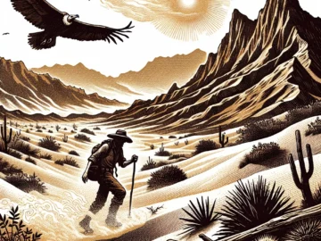 Illustration of a lone adventurer trekking across the arid, sun-drenched expanses of Death Valley, with jagged mountains in the backdrop and a vulture circling overhead.