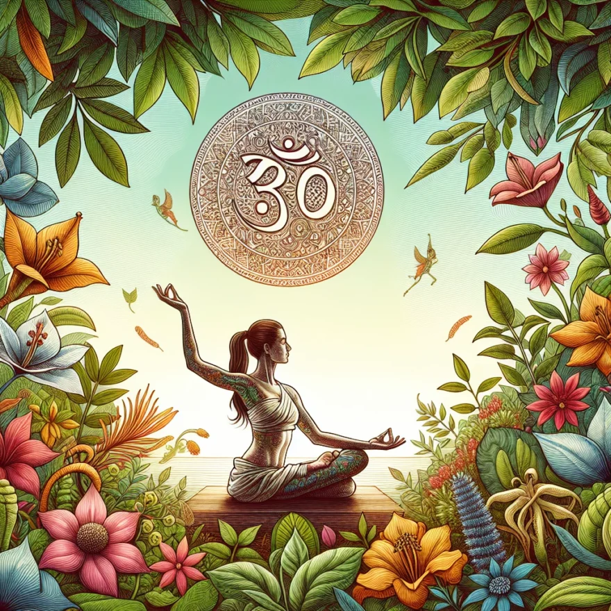 Exploring the Benefits of Ayurvedic Medicine Illustration of a serene woman practicing yoga amidst vibrant medicinal plants, with an ancient Ayurvedic symbol hovering above, symbolizing holistic health and natural healing.