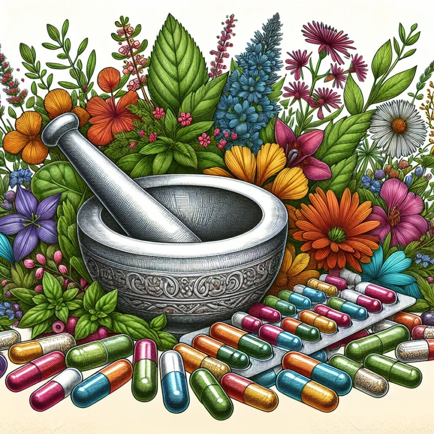 Illustration of a variety of colorful herbs and plants, a mortar and pestle, and a collection of capsules, symbolizing herbal supplements and their natural origins.
