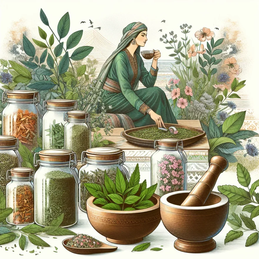Exploring the Healing Properties of Herbal Medicine Illustration of various vibrant herbs in jars, a mortar and pestle with crushed leaves, and an individual sipping herbal tea, all set against a calming, nature-inspired backdrop.