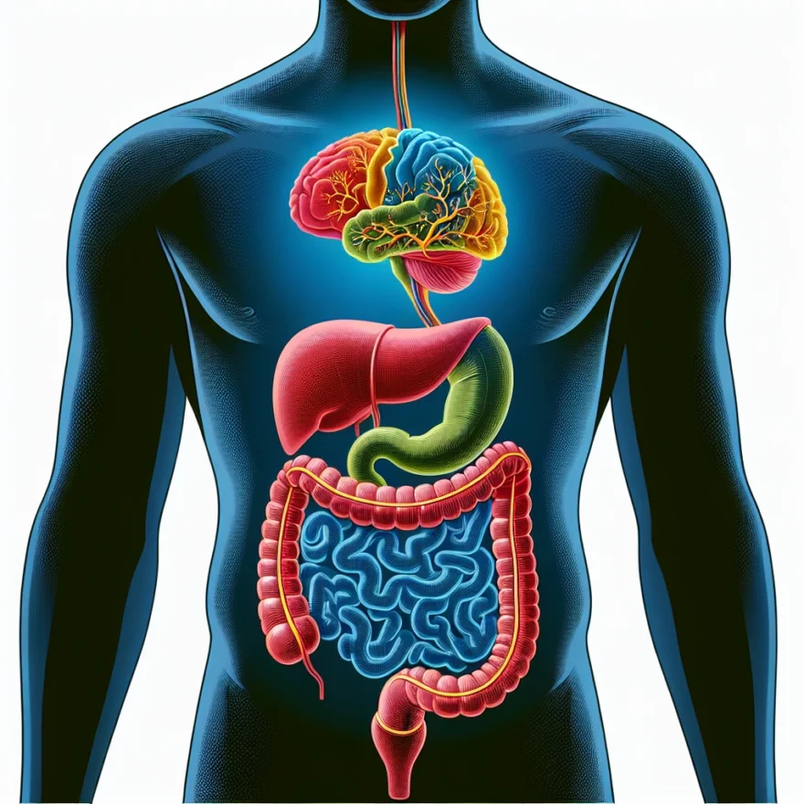 Exploring the Link Between Gut Health and Multiple Sclerosis Illustration of a human silhouette with highlighted digestive system intertwined with a brain, symbolizing the connection between gut health and Multiple Sclerosis.