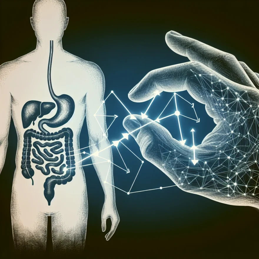 Illustration of a human silhouette highlighting the digestive system intertwined with a hand exhibiting signs of arthritis, connected by a series of bi-directional arrows.