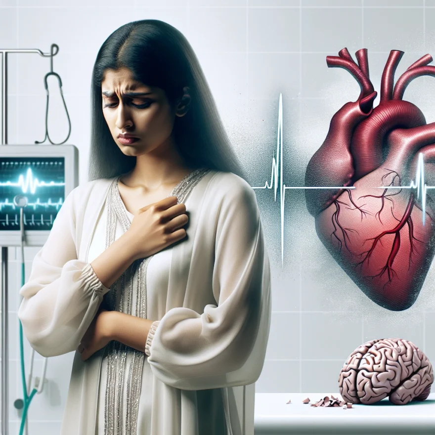 Illustration of a stressed individual clutching their chest, with a broken heart symbol, intertwined with a graphic representation of a tense brain, all set against a clinical backdrop.