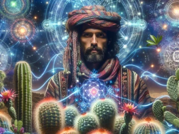 Exploring the Mystical World of Peyote: Mescaline and Shamanic Rituals Illustration of a shaman in traditional attire surrounded by vibrant peyote cacti, under a starry night sky with mystical patterns, radiating energy and spiritual symbols, creating an ethereal atmosphere.
