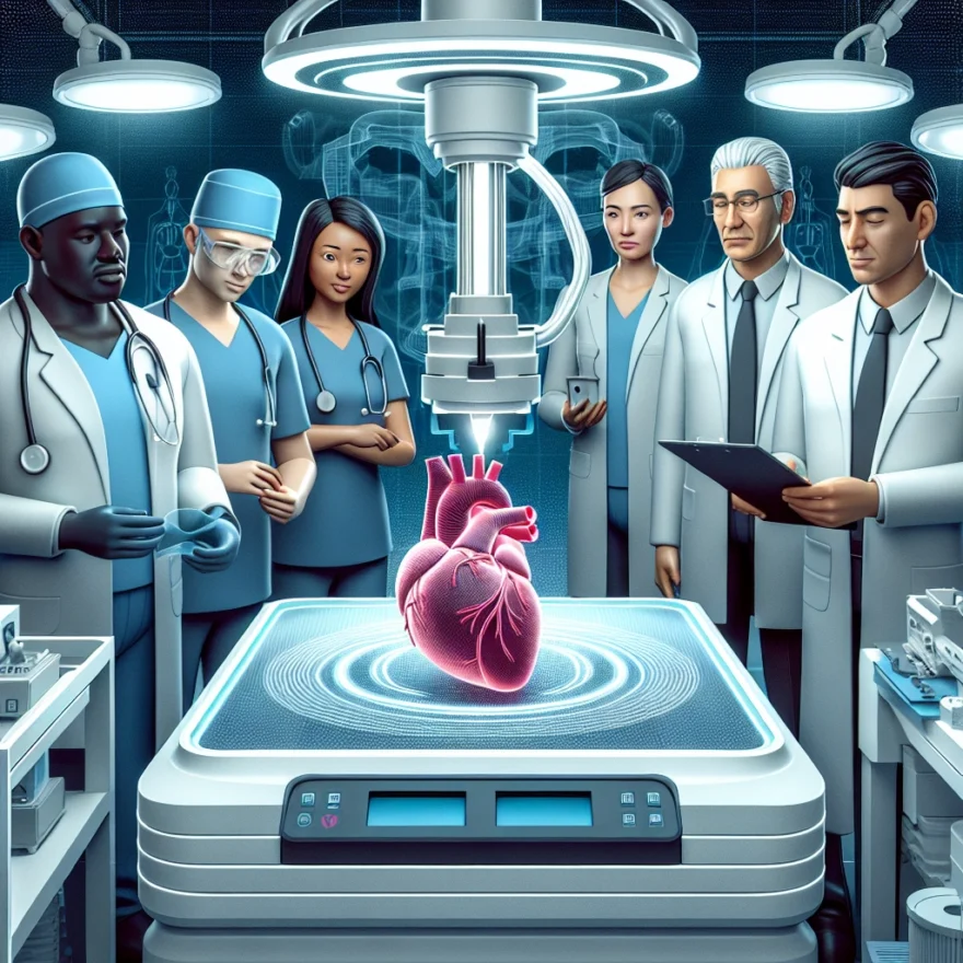Exploring the Potential of 3D Printing in Healthcare Illustration of a 3D printer creating a detailed human heart, with medical professionals observing the process. The background features futuristic medical technology and equipment.