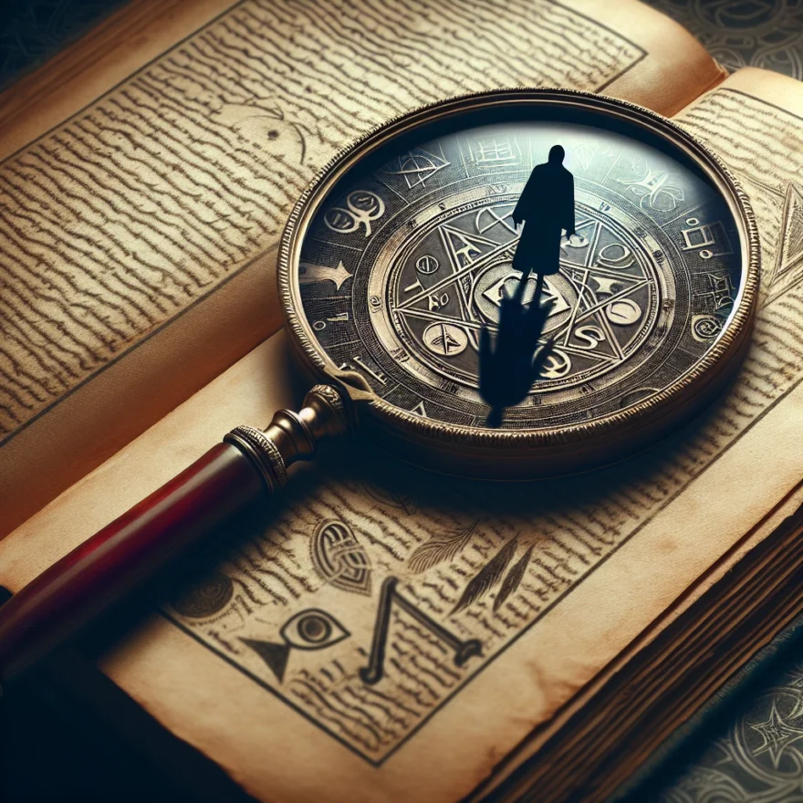 Exploring the Unexplained: Analyzing ‘The Enigmatic Chronicles’ by Stephanie White Illustration of an antique magnifying glass hovering over an open book, revealing hidden symbols and images. A shadowy figure lurks in the background, adding an air of mystery.