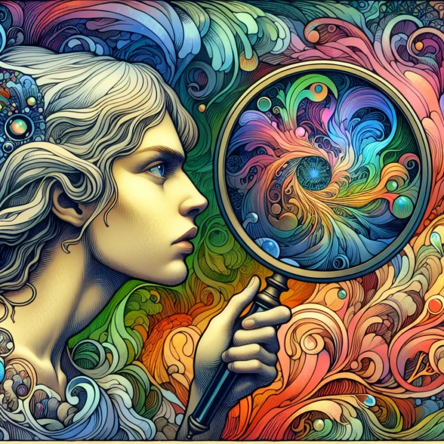Illustration of a woman peering through a magnifying glass, revealing a vibrant, fantastical world, symbolizing the 'Hidden Realms' in Laura Martinez's work. A mix of vivid colors and intricate details captivates the viewer.