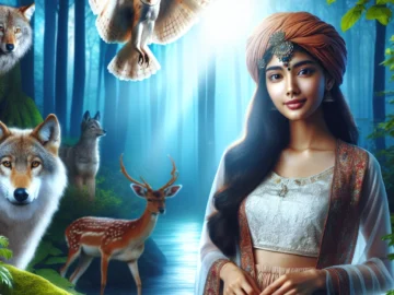 Illustration of a young woman in a forest, surrounded by an array of animals including a wolf, an owl, and a deer, all bathed in ethereal, soft moonlight.