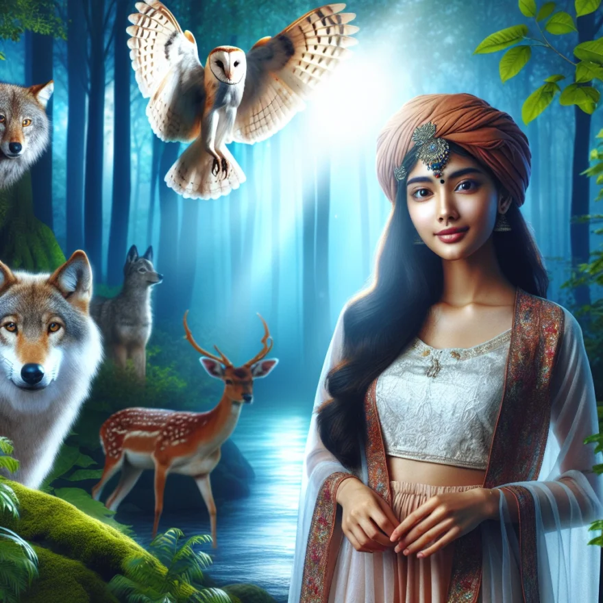 Illustration of a young woman in a forest, surrounded by an array of animals including a wolf, an owl, and a deer, all bathed in ethereal, soft moonlight.