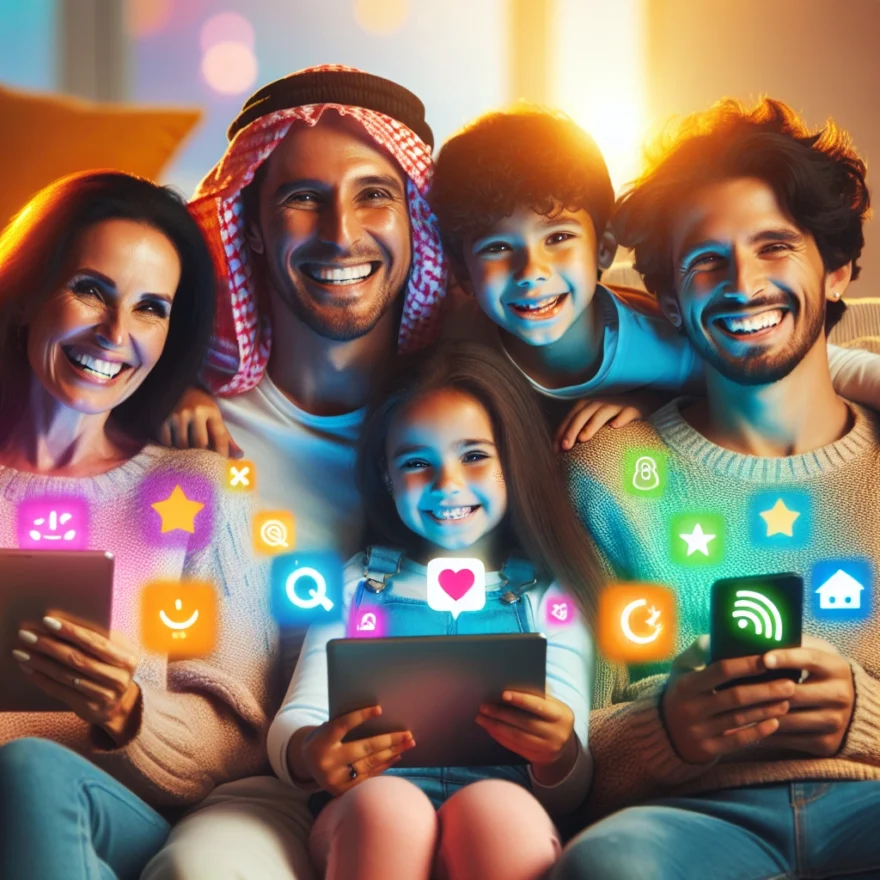 Family Bonding: Fun Apps to Spend Quality Time Together Illustration of a happy family sitting on a cozy couch, each holding a tablet or smartphone. Bright colors and playful icons float around, symbolizing various fun and interactive apps.