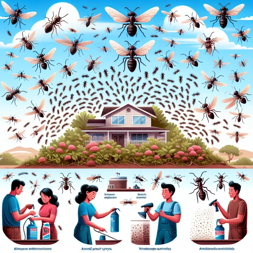 Flying Ants: Identification, Swarm Behavior, and Control Measures Illustration of various species of flying ants in mid-flight, a large swarm congregating, and homeowners using different control methods such as sprays and traps.