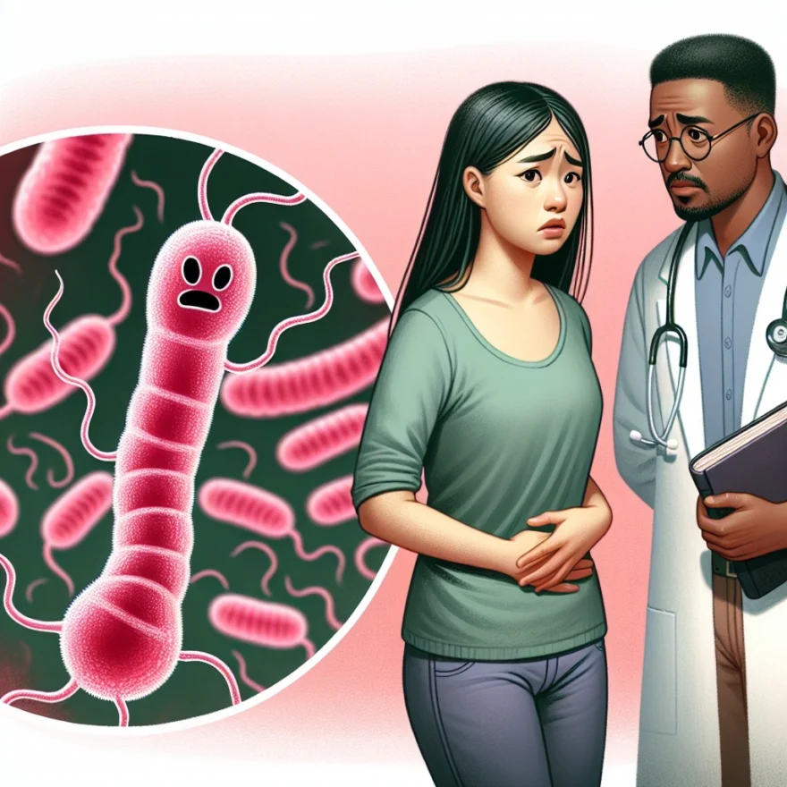 Illustration of Gardnerella vaginalis bacteria under a microscope, a woman in distress, and a doctor offering consultation, symbolizing the health issue of bacterial vaginosis.