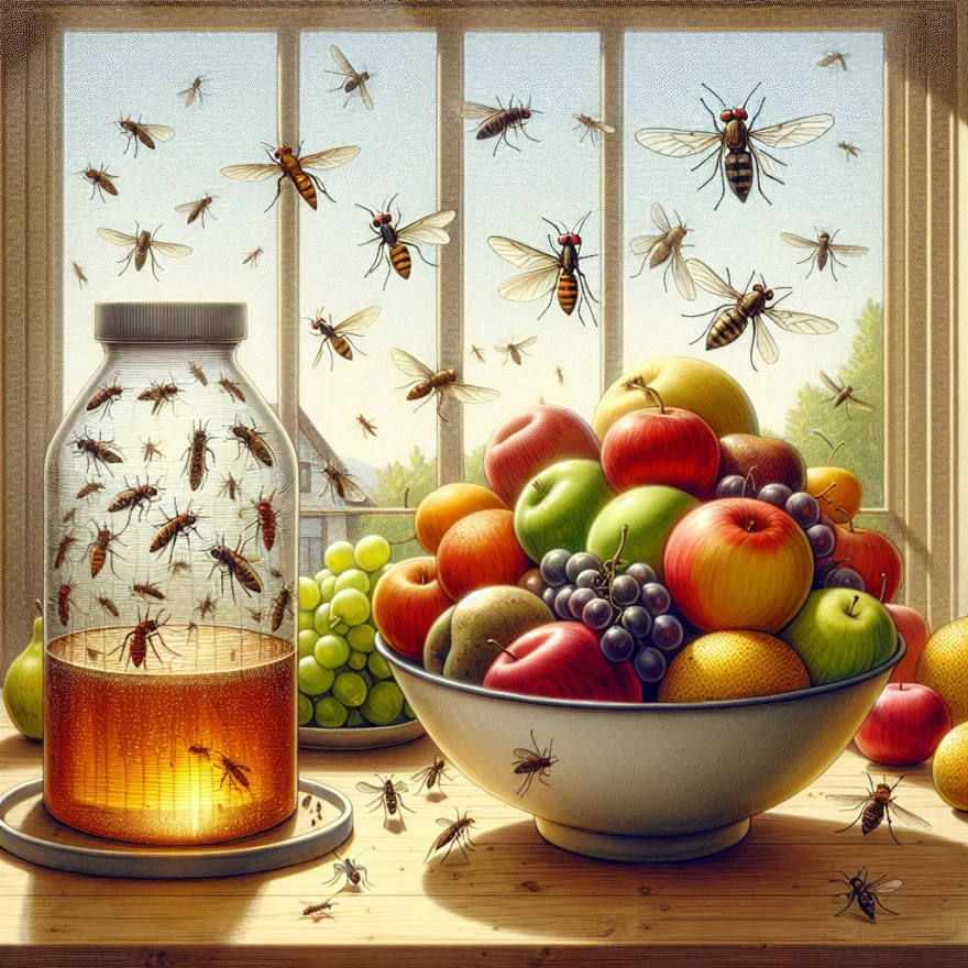 Illustration of a swarm of gnats hovering over a fruit bowl, with a DIY vinegar trap nearby. The background features a window with a mesh screen, symbolizing prevention.