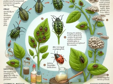 Greenfly: Identification, Damage, and Control Illustration of various stages of a greenfly's life cycle, close-ups of the damage caused to plants, and several organic and chemical methods used to control their population.