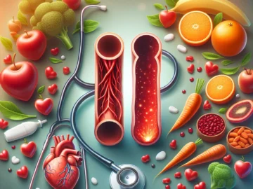 Illustration of a healthy artery and a hardened artery side by side, with a stethoscope, a heart, and various fruits and vegetables symbolizing a healthy lifestyle.