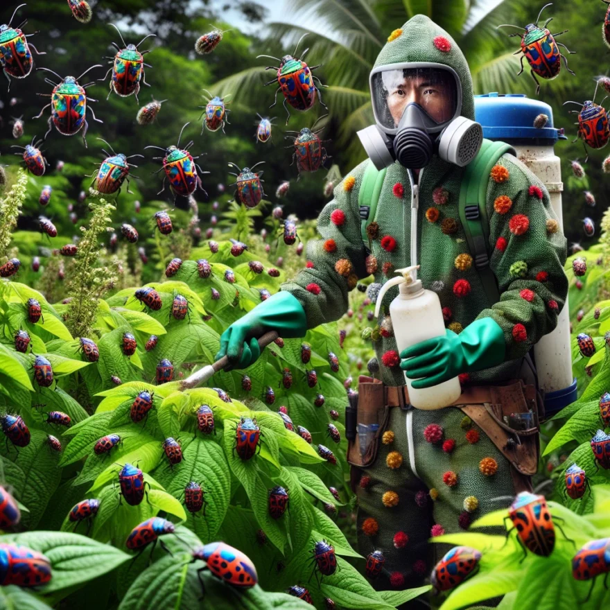 Harlequin Bug Havoc: Controlling Harlequin Bug Infestations Illustration of vibrant Harlequin bugs swarming over lush green plants, with a gardener in protective gear using organic pest control methods to combat the infestation.