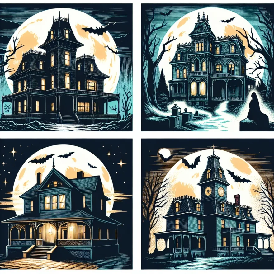 Haunted Houses: America’s Most Famous Spooky Homes Illustration of a moonlit collage of America's most famous haunted houses, including the Winchester Mystery House and the Amityville Horror House, all shrouded in eerie ghostly mists.