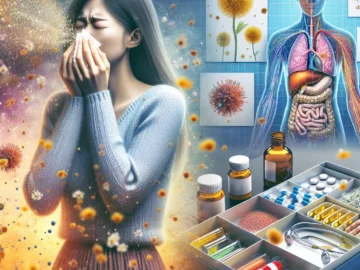 Illustration of a person sneezing amidst floating pollen, with a medical kit and a diagram of a human immune response nearby, symbolizing hay fever's cause, symptoms, and treatment.