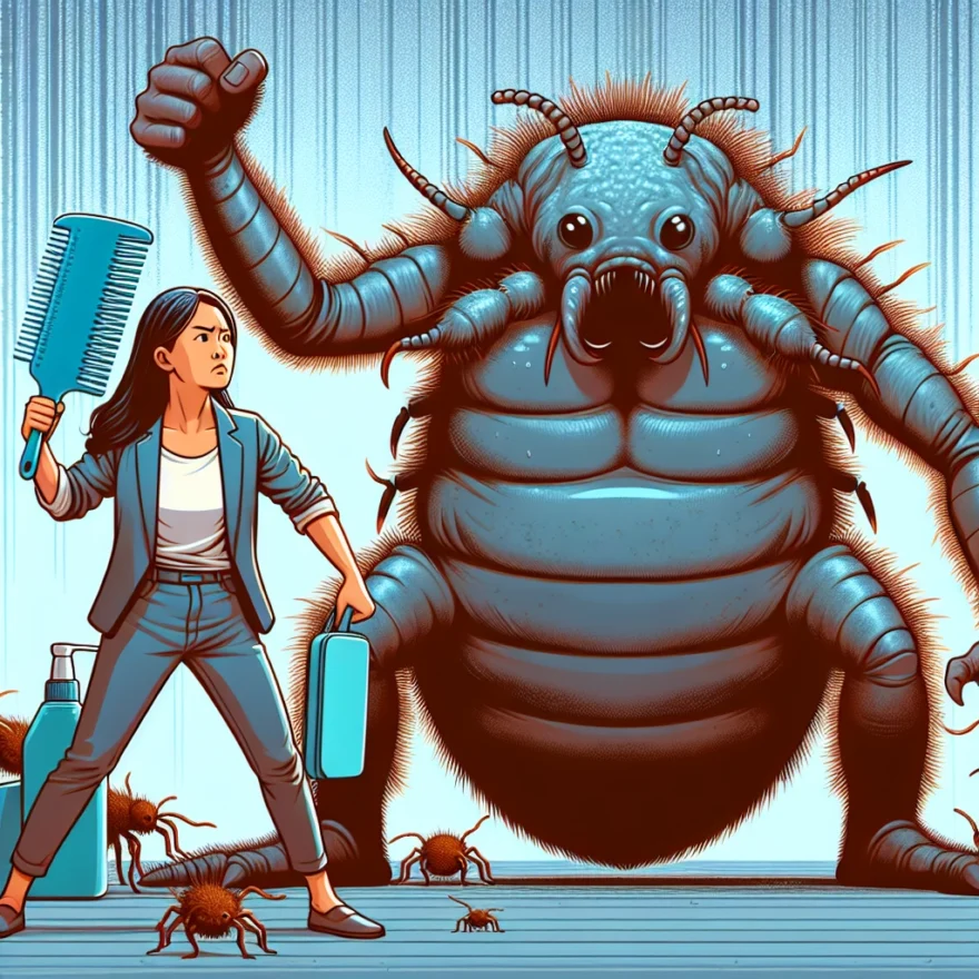 Illustration of a determined parent armed with a comb and treatment products, facing off against a giant, menacing head louse, symbolizing the struggle against head lice infestation.