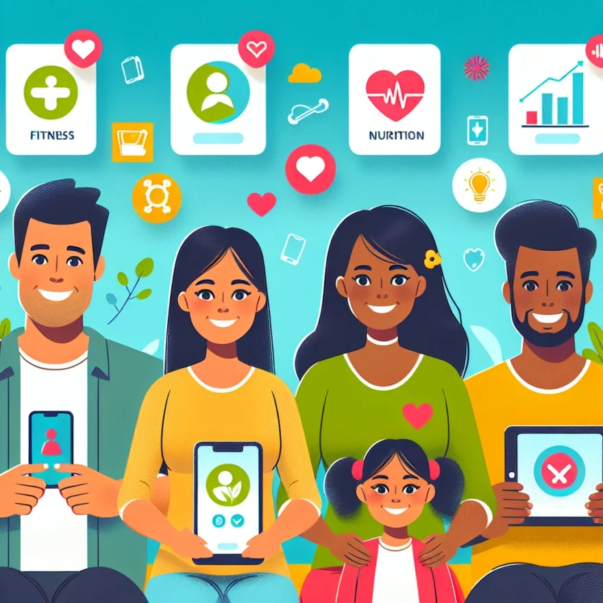 Health and Wellness: Apps for Monitoring Kids’ Fitness and Nutrition Illustration of a happy family using smartphones and tablets, with icons representing fitness, nutrition, and health tracking. Bright colors and playful elements create an engaging and informative scene.