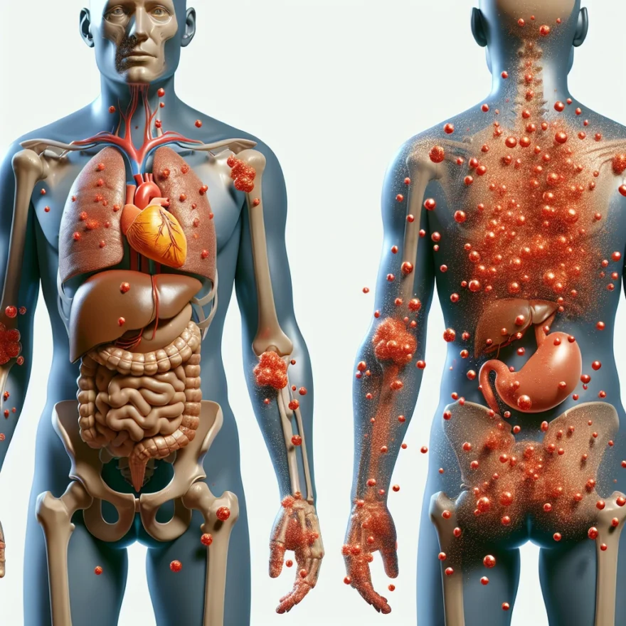 Illustration of a human body showcasing the key organs affected by Hemochromatosis, with iron particles scattered around, symbolizing the iron overload and its damaging effects.