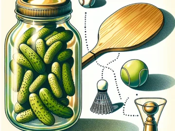 Illustration of a vintage pickle jar, a paddle, and a ball, all connected by a dotted line, suggesting the quirky origin of the sport's name.