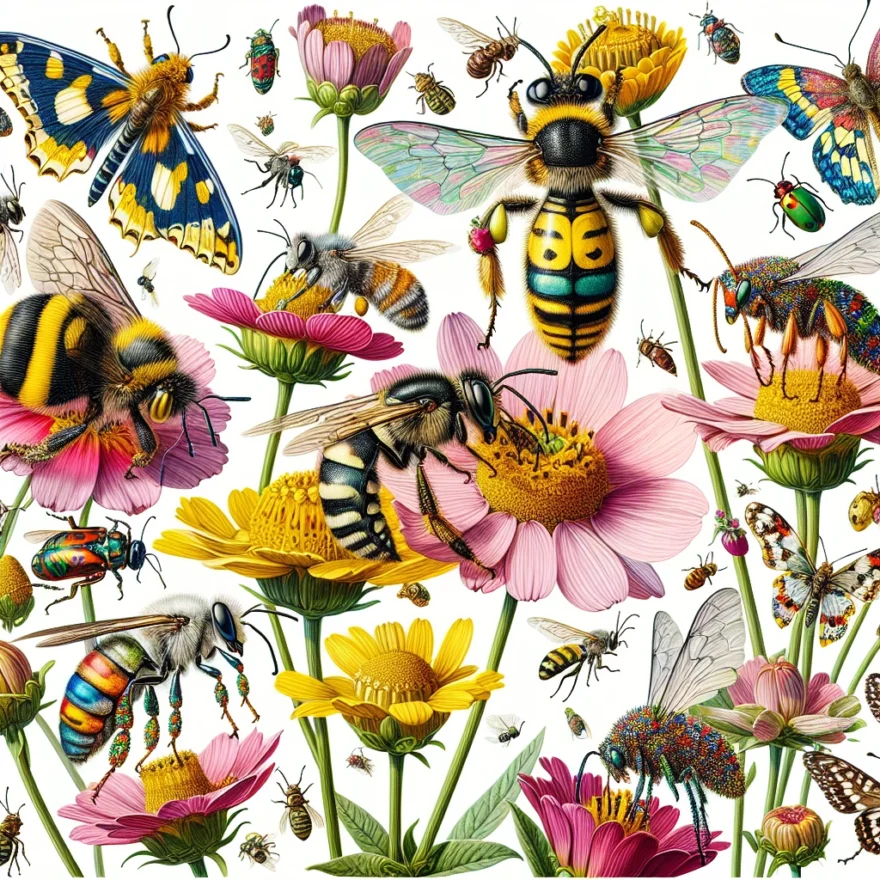 Illustration of diverse insects like bees, butterflies, and beetles, interacting with various flowers, collecting nectar, and inadvertently transferring pollen from the stamen to the pistil of the plants.