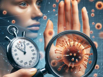 How Long Can Parvo Live on Human Skin Illustration of a human hand under a magnifying glass, revealing tiny Parvo virus particles, with a stopwatch in the background indicating time.