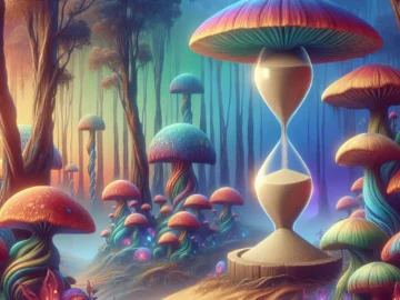 How Long Do Magic Mushrooms Last? Illustration of a vibrant, whimsical forest with oversized, colorful magic mushrooms, a sand timer, and a faded, dreamy background showcasing the passage of time.