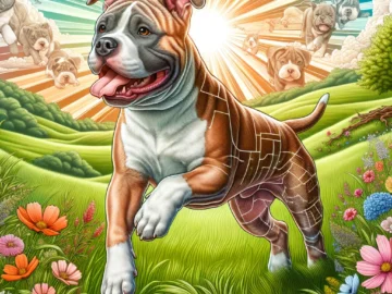 Illustration of a healthy, vibrant Pitbull in its prime, frolicking in a sunny park, with a lifespan timeline subtly integrated into the background scenery.