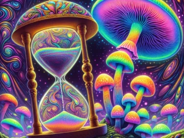 Illustration of vibrant, psychedelic mushrooms sprouting from the ground, with a colorful, swirling backdrop, and an hourglass nearby, indicating the passing of time.