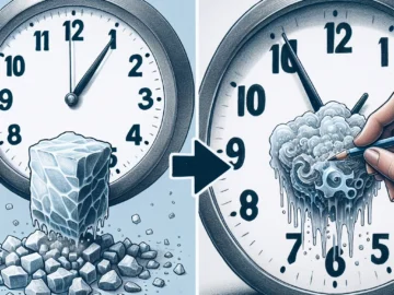 Illustration of a block of dry ice gradually shrinking over time, with a clock in the background indicating the passage of hours, symbolizing the lifespan of dry ice.