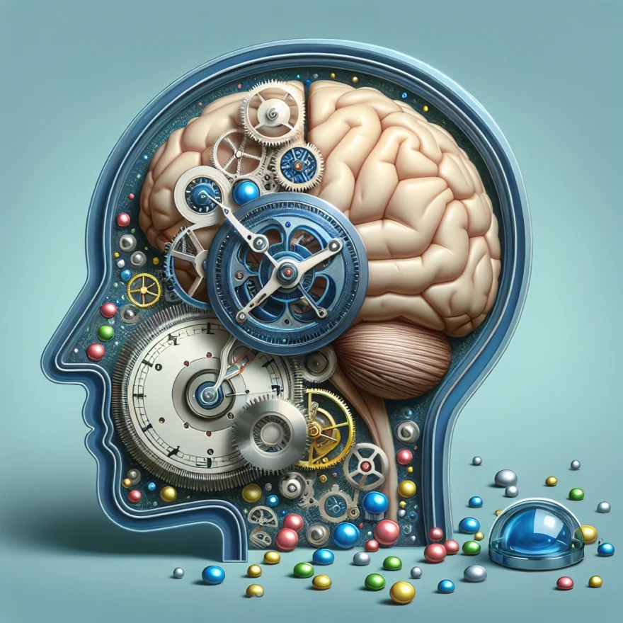 How Long Does Ecstasy Stay in Your System Illustration of a clock merging with a human brain, symbolizing the passage of time. Ecstasy pills are scattered around, indicating the drug's presence within the system.