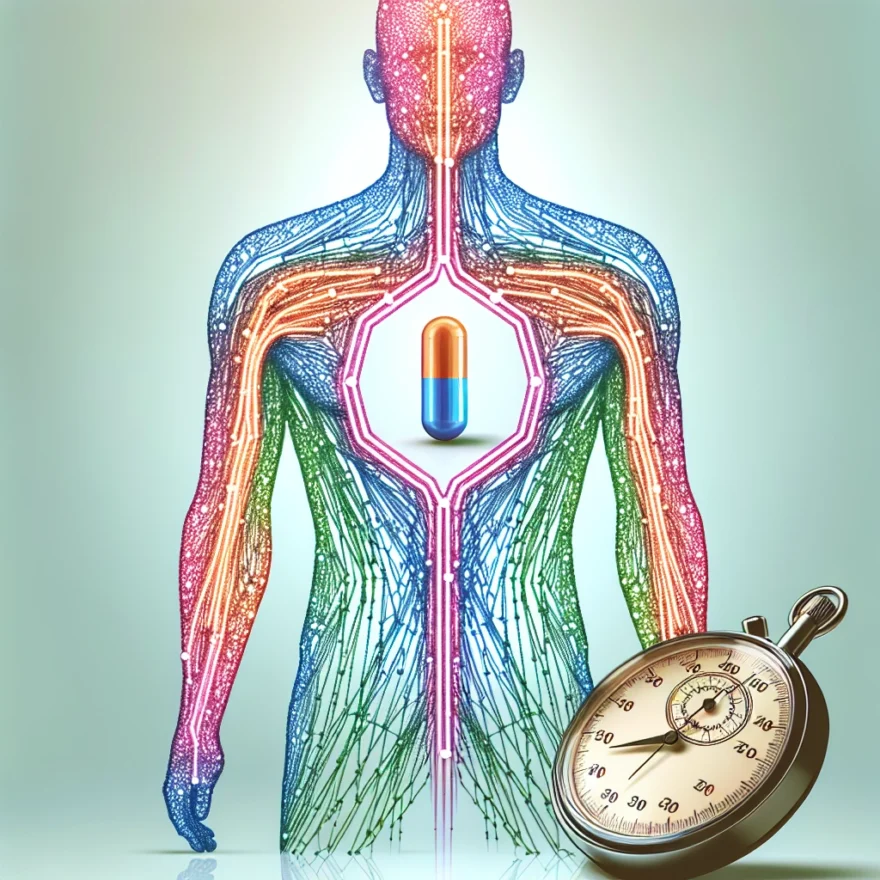 How Long Does Hydrocodone Stay in System Illustration of a human silhouette with colorful, dotted lines tracing the path of hydrocodone through the body, accompanied by a stopwatch indicating time.
