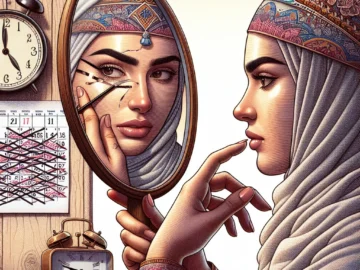 Illustration of a woman observing changes in her facial expression in a mirror, with a calendar and clock in the background symbolizing the passage of time.